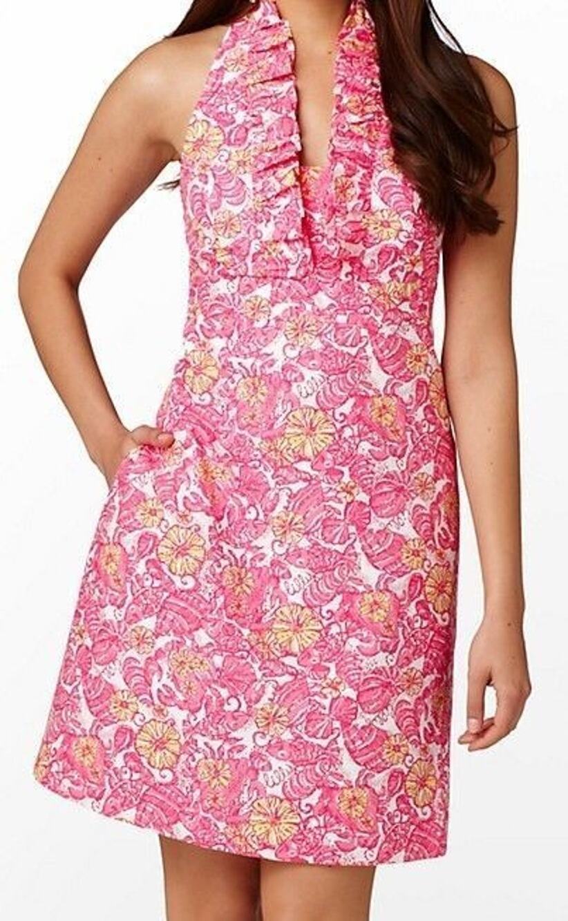 Lilly Pulitzer Lavin Dress Womens 0 Pink Halter Ruffle Cotton Resort Tropical